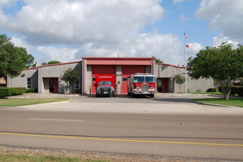 Victoria Fire Department Station 5 with two emergency vehicles parked outside