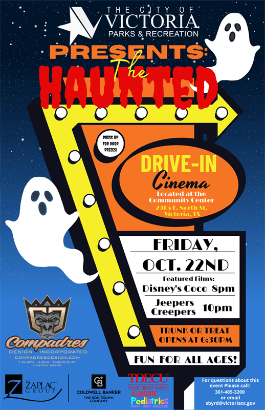 Flyer for drive-in Oct. 22. 6:30 p.m. trunk or treat, 8 p.m. Coco, 10 p.m. Jeepers Creepers.