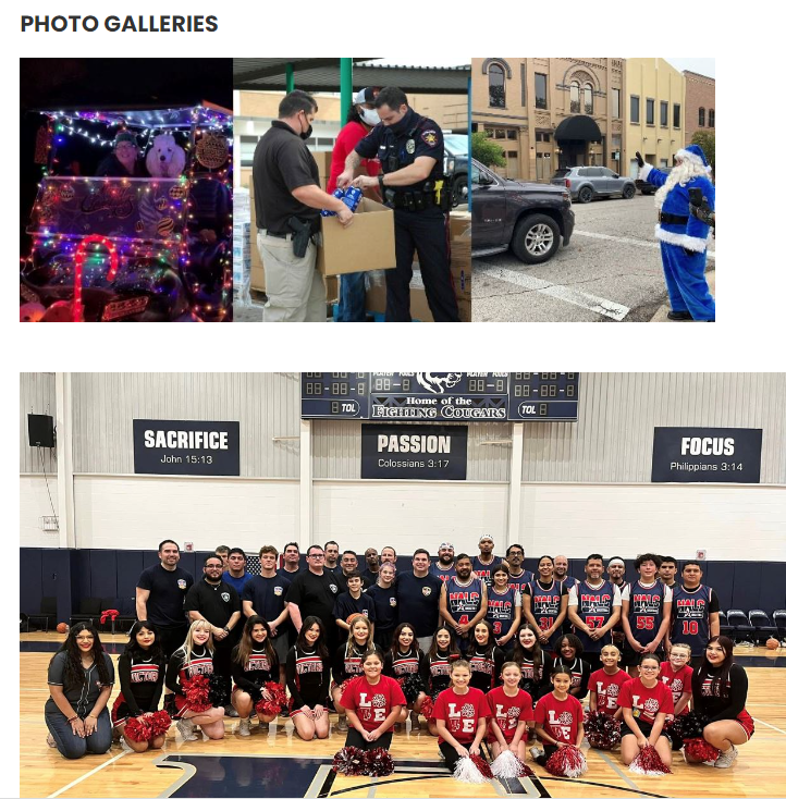 Photos including Christmas events and School Sports teams to represent multiple photo galleries