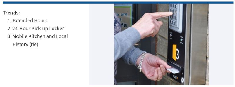 Trends. 1. Extended Hours. 2. 24-Hour Pickup Locker. 3. Mobile Kitchen and Local History (tie)