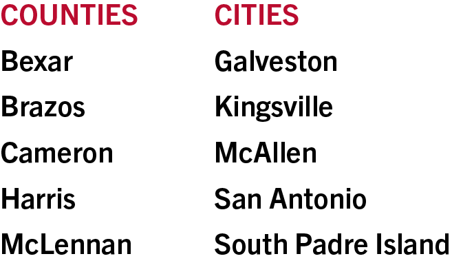 Counties: Bexar, Brazos, Cameron, Harris. Cities: Galveston, Kingsville, McAllen, San Antonio.