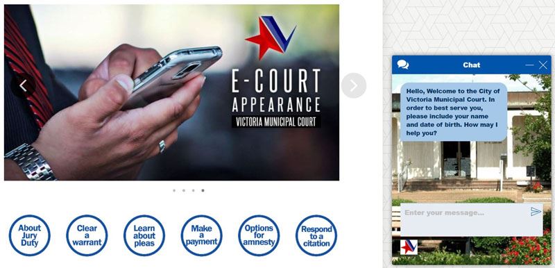 Screenshot of Municipal Court's webpage featuring an interactive chatbox.